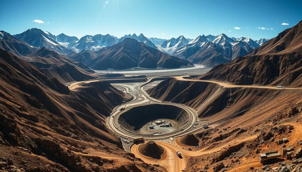 A rugged, open-pit mining landscape in Queenstown, Tasmania, under a bright, sun-dappled sky. In the foreground, massive excavators and haul trucks navigate the jagged, ochre-hued terrain, carving deep scars into the earth. The middle ground features a network of winding roads and rail lines, transporting the extracted minerals. Towering, snow-capped mountains rise in the distant background, their jagged peaks creating a dramatic, almost otherworldly backdrop. The scene conveys a sense of industrial might and human ingenuity working in harmony with the untamed natural environment. Capture this unique juxtaposition of man and nature in a wide-angle, cinematic composition that showcases the grandeur and scale of Queenstown's distinctive mining landscape.
