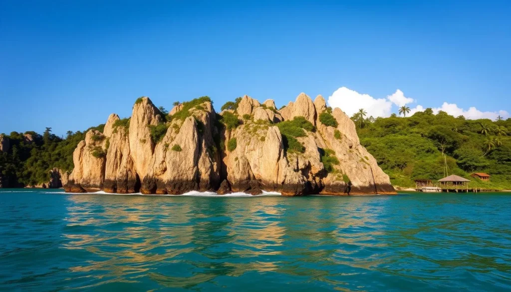 A rugged, rocky island rises majestically from the turquoise waters of a tranquil lagoon, surrounded by lush, verdant foliage. The sun's golden rays cast a warm glow across the weathered, craggy cliffs, highlighting their dramatic, angular forms. Gentle waves lap against the island's jagged shoreline, creating a soothing, rhythmic ambiance. In the distance, a few fluffy white clouds drift across the clear, azure sky, adding to the serene, picturesque atmosphere. The scene exudes a sense of remote, untamed beauty, inviting the viewer to explore the island's hidden natural wonders.