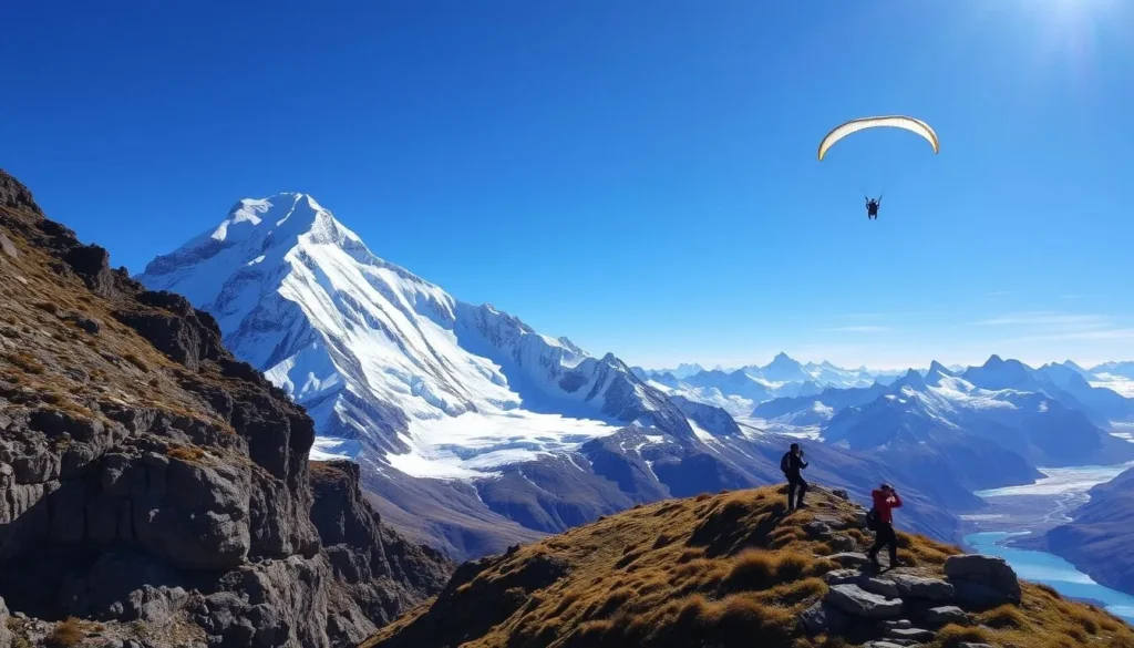 A rugged, snow-capped Aoraki Mount Cook rising majestically against a vibrant azure sky, surrounded by lush alpine meadows and glacial lakes. In the foreground, adrenaline-fueled activities unfold - daring rock climbers scaling sheer cliffs, paragliders soaring gracefully on the mountain's thermals, and intrepid hikers traversing challenging trails. Crisp, directional sunlight illuminates the scene, casting dramatic shadows and highlighting the dramatic, jagged peaks. The overall atmosphere conveys a sense of exhilaration, adventure, and the sheer power of nature.