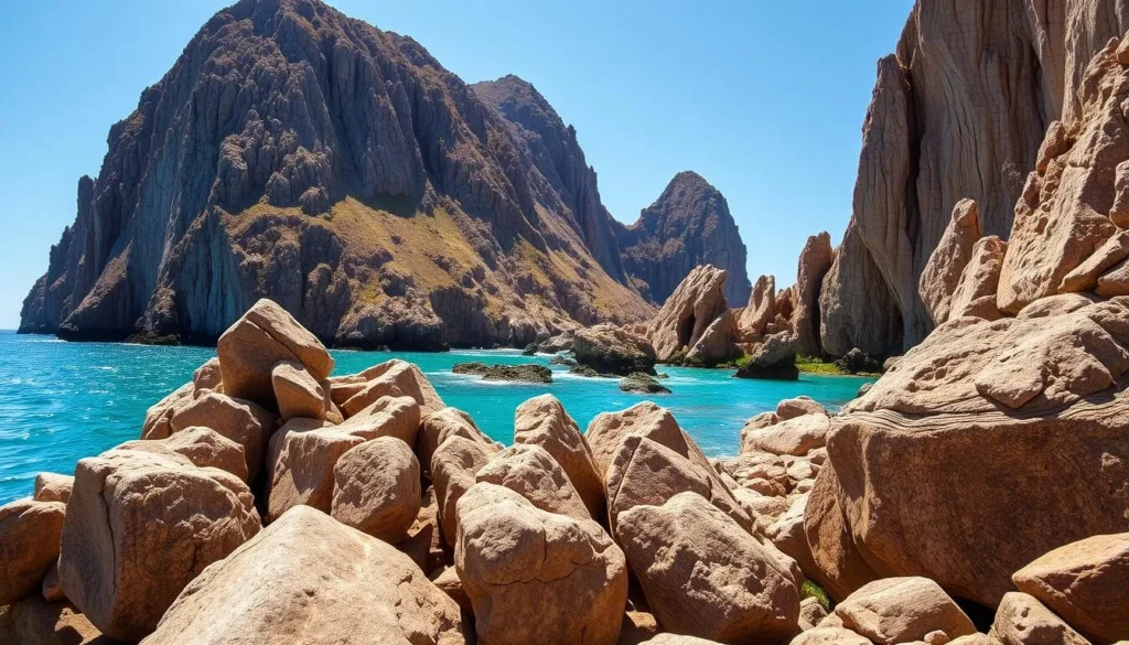 A rugged, sun-drenched coastline of South Gigante Island, with majestic rock formations rising dramatically from the azure waters. Towering limestone cliffs, sculpted by wind and waves, cast dramatic shadows across the scene. In the foreground, a cluster of jagged, weathered boulders stand sentinel, their surfaces textured with swirling patterns. The middle ground features a tranquil cove, its turquoise waters lapping gently against the rocky shore. In the distance, more imposing rock formations jut skyward, their silhouettes framed by a clear, cloudless sky. Warm, golden light bathes the entire tableau, creating a sense of serene, natural beauty.