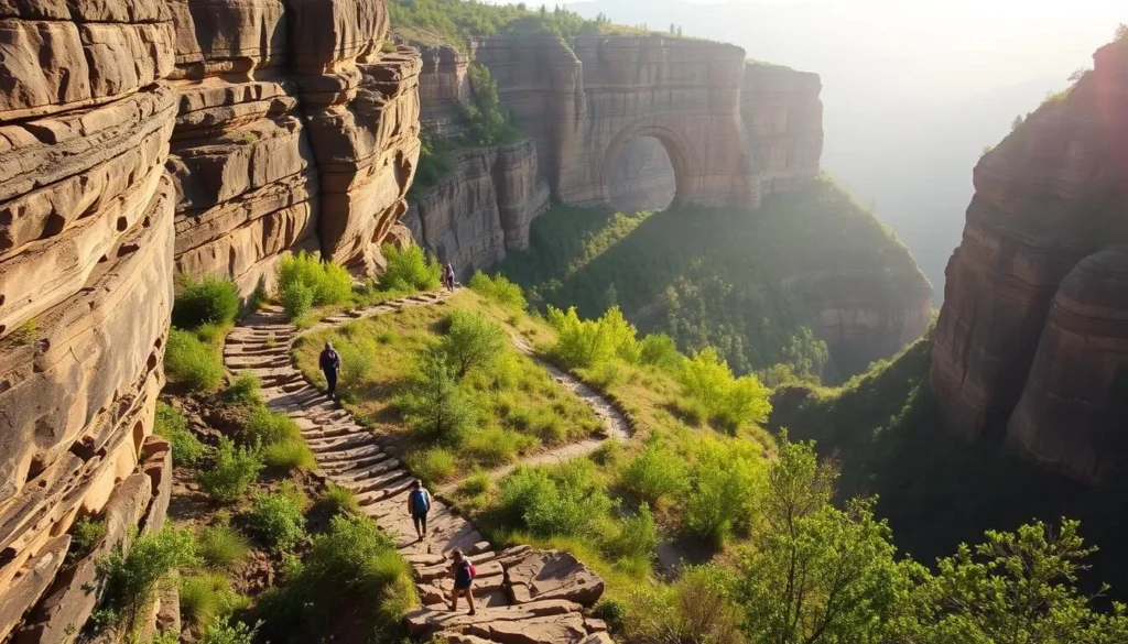 A rugged, winding trail leading through a lush, verdant canyon, culminating in the breathtaking sight of the iconic double arches of the Red River Gorge. Sunlight filters through the towering cliffs, casting a warm, golden glow over the weathered rock formations. Hikers ascend the challenging path, their silhouettes framed against the dramatic natural landscape. The scene exudes a sense of adventure and exploration, perfectly capturing the essence of the "Challenging Hikes for Adventure Seekers" section in the article.