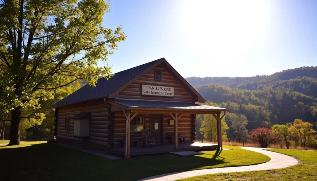A rustic log cabin nestled against a backdrop of lush, rolling hills and a clear blue sky. The Daniel Boone Visitor Information Center stands in the foreground, its weathered wood exterior and inviting porch beckoning visitors to explore the rich history of the Cumberland Gap region. Warm, golden sunlight filters through the trees, casting a peaceful ambiance over the scene. The camera angle captures the building at a slight elevated perspective, showcasing its picturesque setting amidst the natural splendor of the Kentucky landscape. Subtle details, such as a rocking chair on the porch and a winding path leading to the entrance, add to the charming, rustic atmosphere.