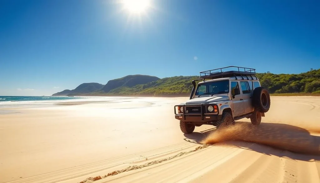 A scenic 4WD off-road vehicle navigating along a pristine sandy beach on Fraser Island, Queensland. The sun shines brightly in a clear blue sky, casting warm golden light across the landscape. In the foreground, the 4WD's large tires kick up a gentle spray of sand as it traverses the beach. In the middle ground, towering dunes and lush, verdant forests line the coastline. In the distance, the azure waters of the Coral Sea sparkle on the horizon. The scene evokes a sense of adventure, exploration, and the natural beauty of this unique Australian island paradise.