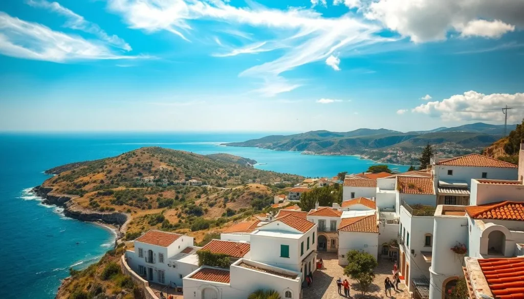 A scenic Greek island landscape with the crystalline Aegean Sea in the background, rolling hills covered in olive groves and vineyards in the middle ground, and a charming seaside village with whitewashed buildings and red-tiled roofs in the foreground. Capture the warm Mediterranean light filtering through wispy clouds, casting soft shadows across the scene. Include typical Cretan architectural details like archways, courtyards, and cobblestone streets bustling with locals and tourists exploring the quaint, picturesque town. Convey a sense of tranquility, culture, and adventure, inviting the viewer to discover the enchanting island of Crete.