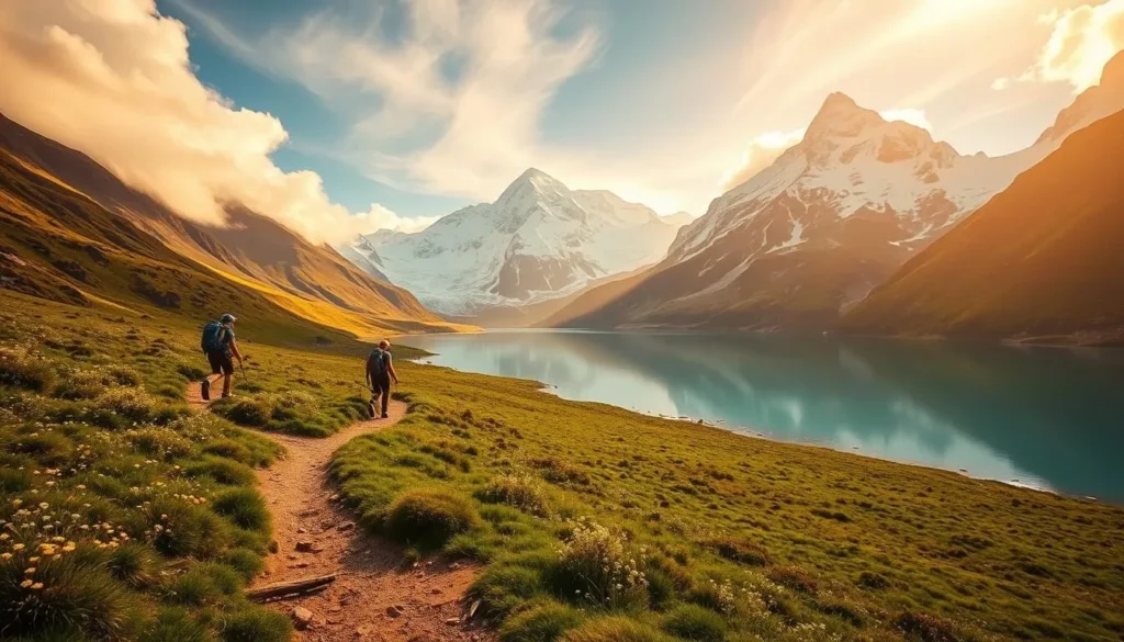 A scenic alpine landscape with the majestic Mount Cook, New Zealand's highest peak, rising majestically in the background. In the foreground, a well-trodden hiking trail winds through lush, verdant meadows dotted with wildflowers. Towering glacier-capped peaks reflect in the crystal-clear waters of a tranquil glacial lake. Hikers in the middle ground make their way along the picturesque Hooker Valley Track, surrounded by the awe-inspiring grandeur of the Southern Alps. Warm, golden sunlight filters through wispy clouds, creating a serene and enchanting atmosphere. The scene evokes a sense of adventure, natural wonder, and the sheer magnificence of this iconic New Zealand landscape.