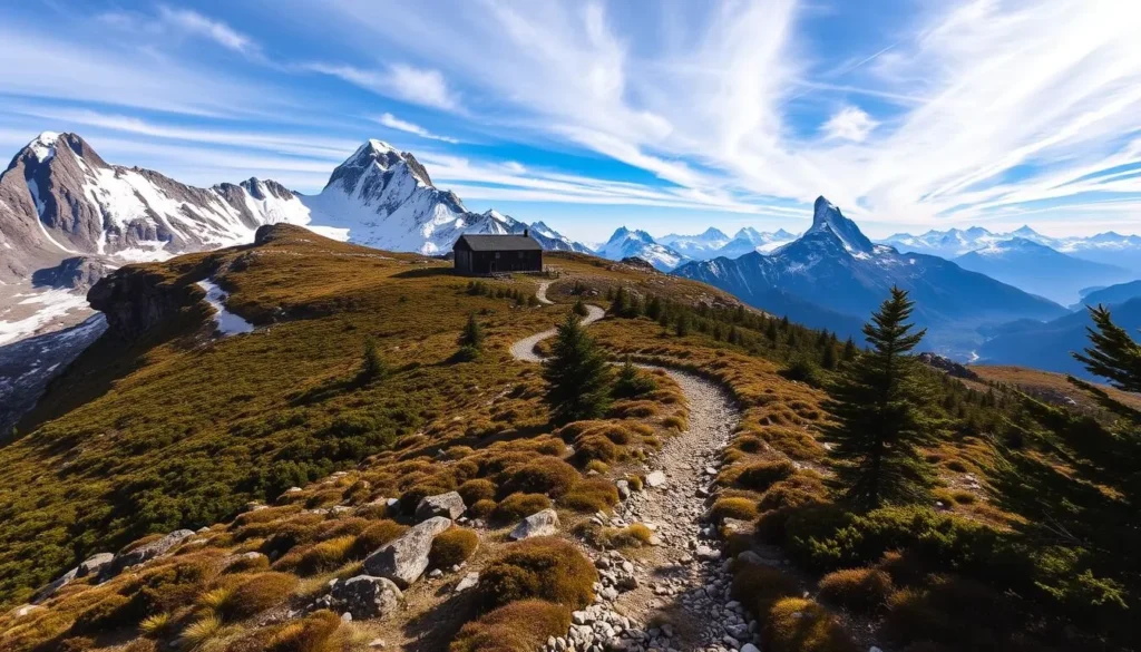 A scenic alpine landscape with the majestic Mueller Hut perched atop a rugged ridge, surrounded by snow-capped peaks and glaciers. In the foreground, a winding hiking trail leads through a lush, mossy forest, with rays of warm sunlight filtering through the canopy. The middle ground features a panoramic view of the Aoraki/Mount Cook massif, its jagged summits standing tall against a brilliant blue sky dotted with wispy clouds. The atmosphere is one of serene tranquility and awe-inspiring natural beauty, inviting the viewer to embark on this challenging yet rewarding hike.