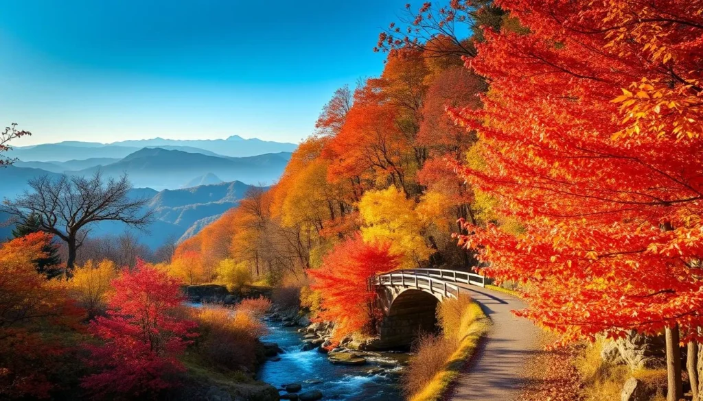 A scenic autumn landscape in Yamaguchi, Japan. Vibrant reds, oranges, and yellows of maple and ginkgo trees lining a winding mountain path, bathed in warm afternoon sunlight. In the middle ground, a traditional wooden bridge arches over a babbling brook. Distant peaks of the Chugoku Mountains provide a majestic backdrop. Soft, diffused lighting creates a tranquil, serene atmosphere. Capture this picturesque fall foliage scene with a wide-angle lens to showcase the breathtaking natural beauty of Yamaguchi in autumn.