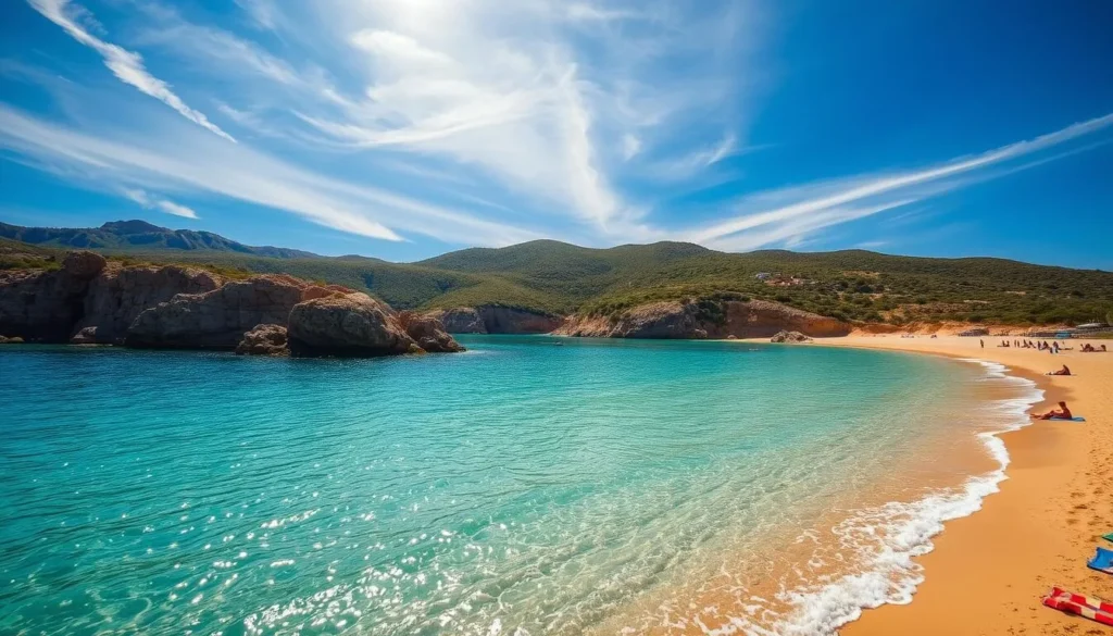 A scenic beach on the picturesque island of Rhodes, Greece, bathed in warm, golden sunlight. Crystal-clear turquoise waters gently lap against the soft, golden sand. In the foreground, sun-seekers relax on colorful beach towels, while in the distance, rocky cliffs and lush, verdant hills form a stunning natural backdrop. Wispy clouds drift across a brilliant, azure sky, creating a serene and tranquil atmosphere. The scene is captured through a wide-angle lens, showcasing the stunning natural beauty of this Mediterranean paradise.