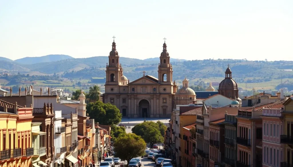 A scenic cityscape of Córdoba, Argentina, bathed in warm afternoon sunlight. In the foreground, a bustling street lined with charming colonial-style buildings, their vibrant facades and ornate architectural details inviting exploration. In the middle ground, the iconic Jesuit Cathedral of Córdoba stands tall, its grand spires and domes casting long shadows across the plaza. In the background, rolling hills and lush greenery create a picturesque backdrop, hinting at the natural beauty that surrounds the city. Capture the inviting atmosphere and sense of history that permeates Córdoba, a captivating destination for the discerning traveler.