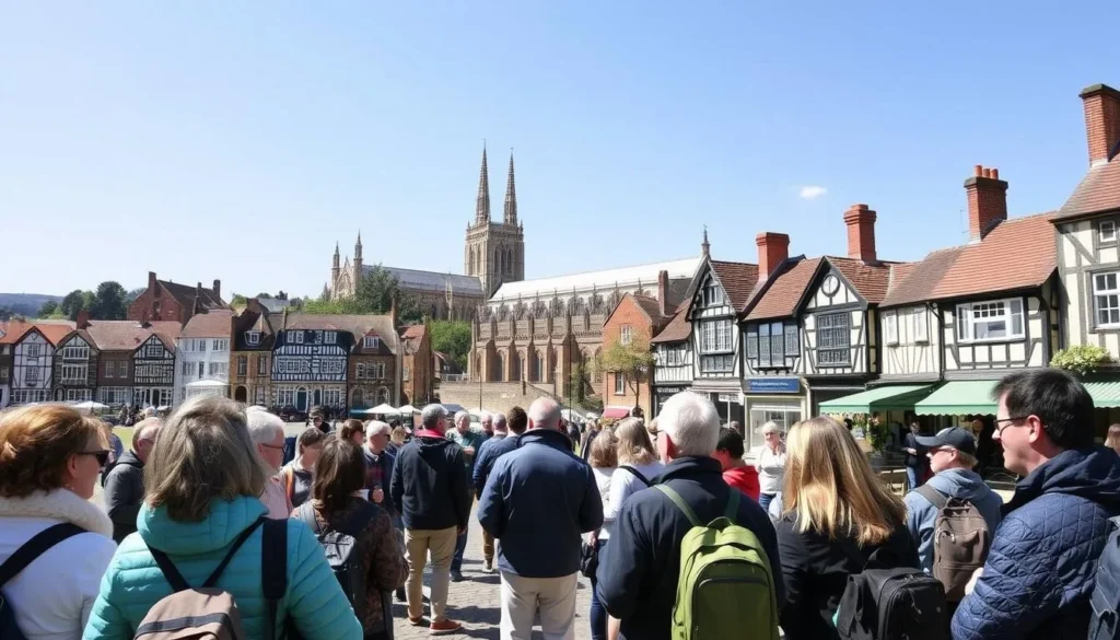 A scenic cityscape of Exeter, England on a bright sunny day. In the foreground, a group of tourists are gathered around a tour guide, listening intently as they explore the historic city center. The middle ground features the iconic Cathedral of Exeter, its Gothic spires reaching towards the clear blue sky. In the background, quaint cobblestone streets and half-timbered buildings line the picturesque landscape, showcasing Exeter's well-preserved medieval architecture. The scene is captured with a wide-angle lens, providing a comprehensive view of the city's charming atmosphere and inviting the viewer to imagine themselves on a free, guided tour of this captivating destination.