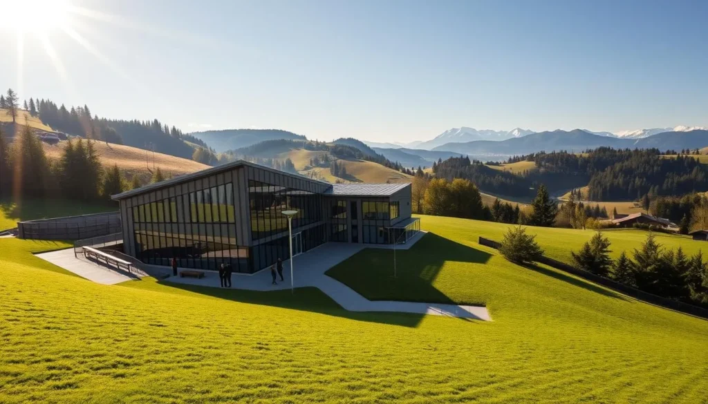 A scenic civil defense facility nestled amidst the rolling hills of Sonnenberg, Switzerland. A modern, angular structure with sleek glass and steel facade, surrounded by lush greenery. Sunlight filters through the windows, casting warm, diffused lighting across the interior. In the foreground, a well-manicured lawn leads up to the main entrance, people can be seen strolling casually. The middle ground features a small courtyard with benches and trees, while the background showcases the picturesque Swiss countryside, complete with distant snowcapped peaks. An atmosphere of tranquility and functionality pervades the scene, showcasing the facility's integration with the natural landscape.