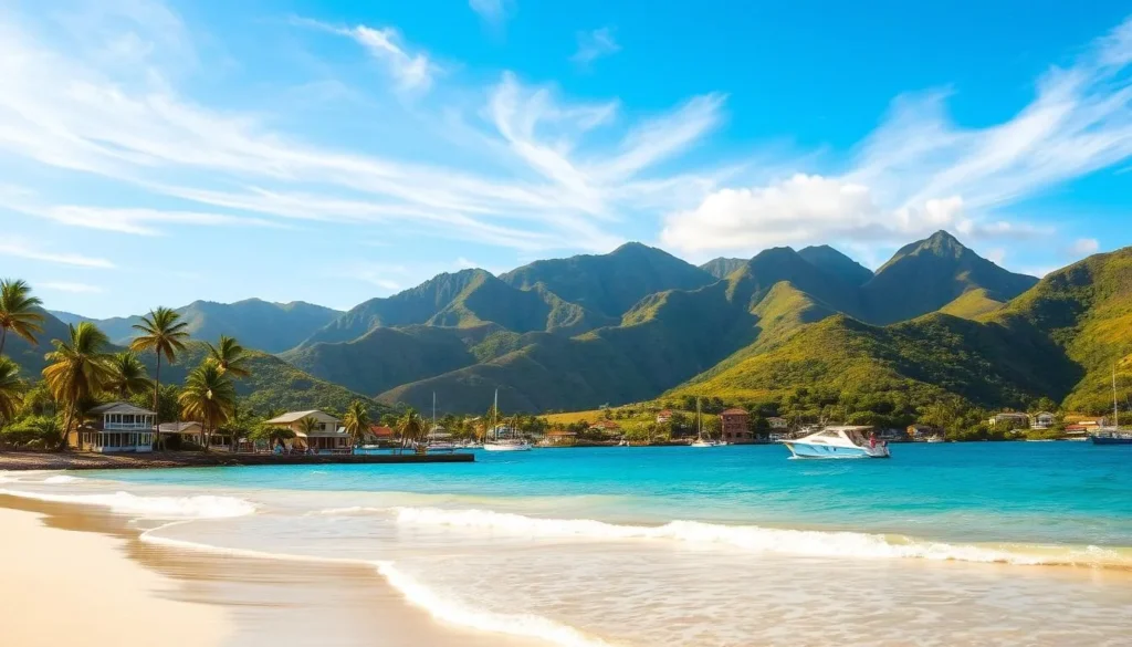 A scenic coastal landscape of Cockleshell Bay, St. Kitts. In the foreground, a pristine sandy beach with gently lapping waves and palm trees swaying in the breeze. The middle ground features a picturesque fishing village with colorful wooden houses and boats bobbing in the calm turquoise waters. In the background, lush green hills and mountains rise up, creating a stunning natural backdrop. The sky is a brilliant blue, with wispy clouds drifting overhead. The lighting is soft and warm, casting a golden glow over the entire scene. The overall atmosphere is one of tranquility and natural beauty, inviting the viewer to imagine themselves relaxing in this idyllic Caribbean setting.