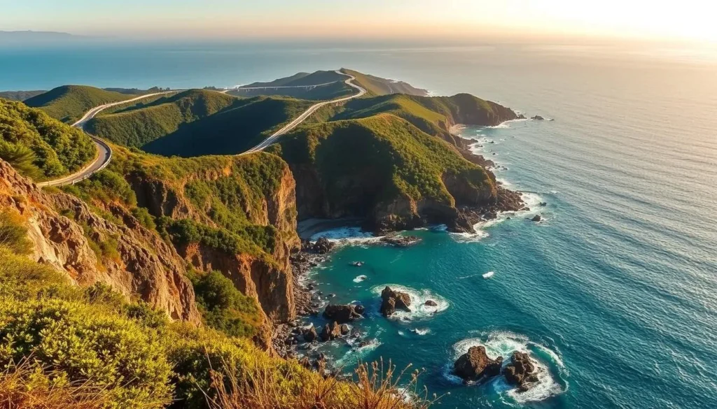 A scenic coastal landscape of the Izu Peninsula in Japan. In the foreground, rugged cliffs with lush, verdant foliage cascading down to a turquoise ocean. Gentle waves lap against the rocky shoreline. In the middle ground, a winding coastal road hugs the contours of the peninsula, offering breathtaking views. In the distance, a series of small, picturesque coves and inlets dot the horizon, with the silhouettes of distant mountains visible on the horizon. Warm, golden sunlight bathes the scene, creating a serene and inviting atmosphere. Capture this picturesque stretch of Japan's stunning Izu Peninsula coastline.
