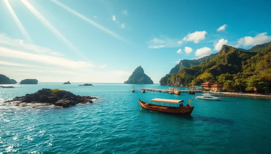 A scenic coastal landscape with a vibrant blue-green ocean, dotted with rocky islands and lush, verdant foliage. In the foreground, a small wooden boat gently sways on the calm waters, ready to ferry passengers to the distant South Gigante Island. Sunlight filters through wispy clouds, casting a warm, golden glow over the scene. In the middle ground, a picturesque harbor with traditional Filipino fishing boats and a bustling pier. In the background, the silhouette of the island, its lush hills and dramatic cliffs rising up against the clear, azure sky. The overall atmosphere is one of tranquility and adventure, inviting the viewer to embark on a journey to this remote and enchanting destination.