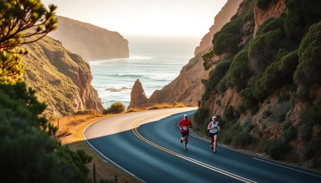 A scenic coastal road winding alongside the rugged, sun-dappled cliffs of Australia's Great Ocean Road, with runners in colorful athletic gear dashing past the stunning ocean vistas. Capture the energy and excitement of the Great Ocean Road Running Festival, showcasing the picturesque Torquay landscape. Depict the event in a crisp, realistic style, with a warm, golden hour lighting that enhances the natural beauty of the surroundings. Convey the exhilarating atmosphere of the race, with runners in motion against the backdrop of the dramatic coastline and lush, verdant foliage. Craft a visually captivating image that encapsulates the essence of this popular seasonal event. A scenic coastal road winding alongside the rugged, sun-dappled cliffs of Australia's Great Ocean Road, with runners in colorful athletic gear dashing past the stunning ocean vistas. Capture the energy and excitement of the Great Ocean Road Running Festival, showcasing the picturesque Torquay landscape. Depict the event in a crisp, realistic style, with a warm, golden hour lighting that enhances the natural beauty of the surroundings. Convey the exhilarating atmosphere of the race, with runners in motion against the backdrop of the dramatic coastline and lush, verdant foliage. Craft a visually captivating image that encapsulates the essence of this popular seasonal event.
