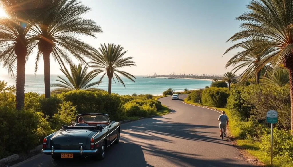 A scenic coastal road winding through the lush mangrove forests of Al Khor, Qatar. A vintage car navigates the scenic route, its passengers marveling at the turquoise waters and verdant landscapes. Dappled sunlight filters through the swaying palms, casting a warm, golden glow over the serene scene. In the distance, the iconic Al Khor corniche and its iconic dhow boats dot the horizon, inviting exploration. The image conveys the tranquility and natural beauty of this picturesque Qatari town, hinting at the adventures that await visitors on their journey to Al Khor.