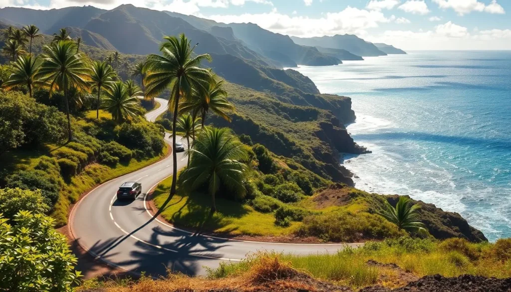 A scenic coastal road winds along the lush, verdant hills of Oahu's north shore. Sunlight filters through swaying palm trees, casting a warm glow over the winding asphalt path. In the distance, the sparkling azure waters of the Pacific Ocean shimmer, inviting travelers to explore its pristine beaches and hidden coves. Along the route, picturesque overlooks offer breathtaking panoramic views of the island's dramatic volcanic cliffs and serene bays. Adventurous drivers navigate gentle curves, stopping occasionally to capture the region's natural beauty through their camera lenses. This idyllic Oahu road trip showcases the island's diverse landscapes, from verdant inland forests to the captivating coastline.