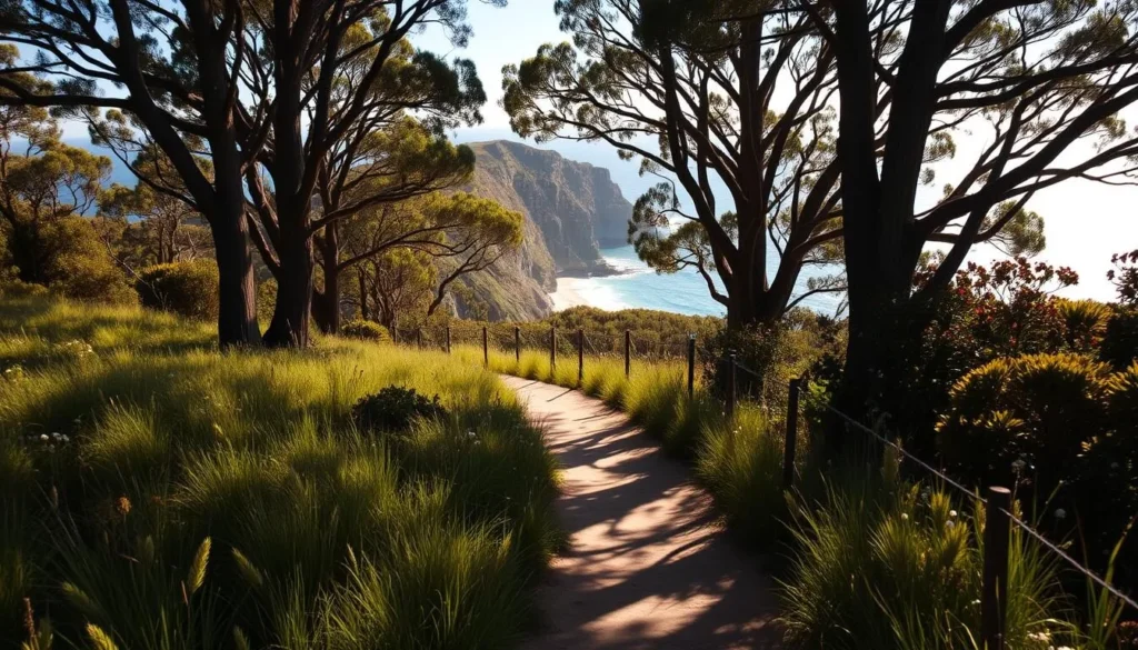 A scenic coastal trail winds through lush bushland, leading to dramatic cliffs overlooking the sparkling Tasman Sea. In the foreground, a well-maintained dirt path meanders through tall grasses and wildflowers. Towering gum trees and native shrubs line the middle ground, casting dappled shadows on the trail. In the background, the rugged sandstone headland of North Head rises majestically, with sweeping views of the open ocean. The scene is bathed in warm, golden afternoon light, creating a tranquil and inviting atmosphere perfect for an invigorating hike.