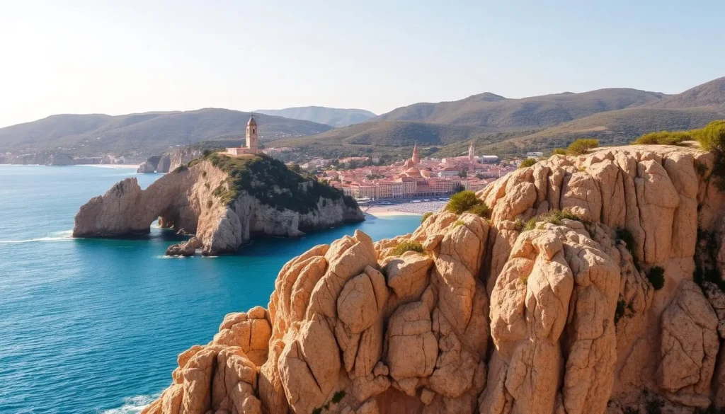 A scenic coastal vista of the three iconic capes of Saint-Tropez, France. In the foreground, rugged cliffs plunge into the azure Mediterranean, their ochre hues contrasting with the sparkling turquoise waters. In the middle ground, the historic town of Saint-Tropez nestles between the capes, its terracotta roofs and church spires peeking out. In the background, the lush, rolling hills of the Côte d'Azur provide a verdant backdrop, bathed in warm, golden sunlight. The scene exudes an air of tranquility and natural beauty, capturing the essence of this picturesque coastal region.