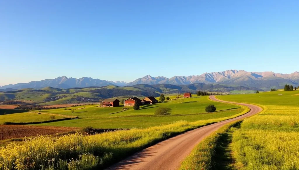 A scenic countryside landscape on a bright, sunny day. In the foreground, a winding country road flanked by lush green meadows and wildflowers. In the middle ground, rolling hills dotted with picturesque farmhouses and barns. The background features a range of majestic mountains, their peaks bathed in warm, golden light. The scene is captured with a wide-angle lens, creating a sense of depth and grandeur. The overall mood is one of tranquility and natural beauty, inviting the viewer to imagine a peaceful day trip from the nearby town of Danville.