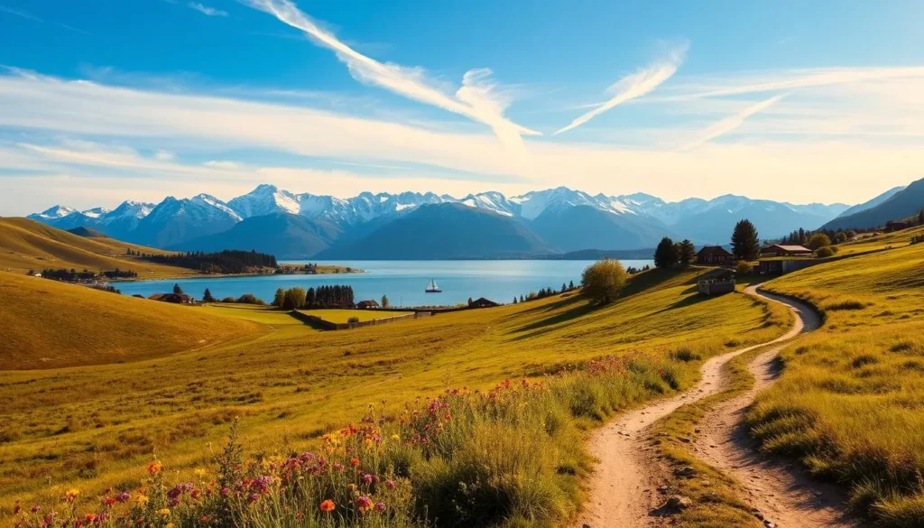 A scenic countryside landscape on a bright, sunny day. In the foreground, rolling hills dotted with vibrant wildflowers and a winding dirt path leading towards a quaint village. In the middle ground, a serene lake reflects the azure sky, with a small wooden dock and a row boat gently floating on the calm waters. In the background, majestic snow-capped mountains rise, their peaks touching the wispy clouds. The scene is bathed in warm, golden light, creating a tranquil and inviting atmosphere, perfect for a day trip adventure.