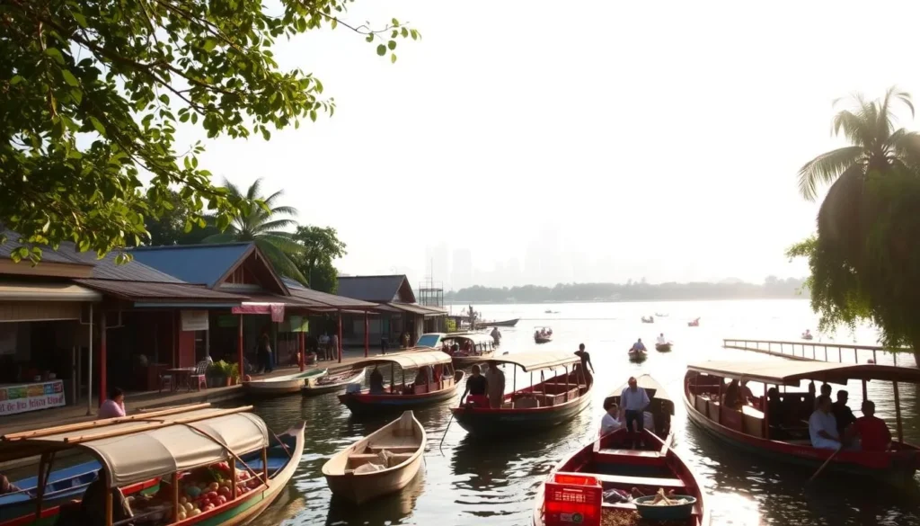 A scenic day trip to Samut Prakan, a coastal province just outside Bangkok. In the foreground, a bustling floating market with colorful boats selling fresh produce and local delicacies. In the middle ground, traditional Thai houses and shops lining the riverbanks, their vibrant facades reflecting in the calm waters. In the background, lush mangrove forests and the distant silhouette of Bangkok's skyscrapers against a bright, hazy sky. Warm, golden sunlight filters through, casting a soft, nostalgic glow over the entire scene. The atmosphere is lively yet tranquil, capturing the essence of a perfect day trip from the bustling capital.