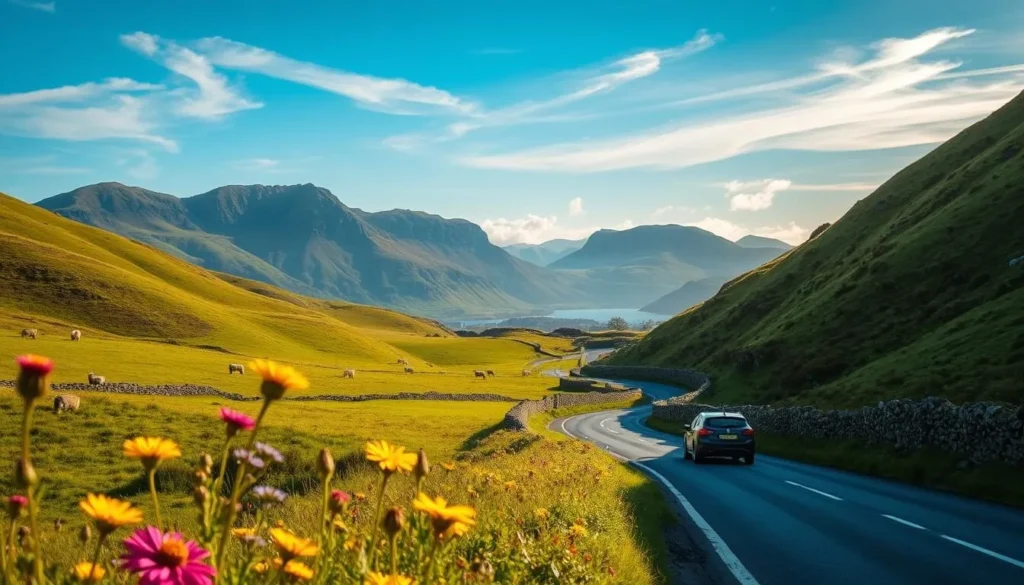 A scenic drive along the picturesque Isle of Mull, Scotland. A winding road cutting through rolling green hills, dotted with sheep and ancient stone walls. In the distance, the rugged silhouette of mountains rises against a clear, azure sky. Sunlight filters through wispy clouds, casting a warm, golden glow over the lush, verdant landscape. The foreground is framed by vibrant wildflowers swaying gently in a light breeze. A lone car navigates the peaceful, meandering route, offering breathtaking vistas of the island's dramatic coastline. Capture the tranquil, serene atmosphere of this quintessential Scottish driving experience.