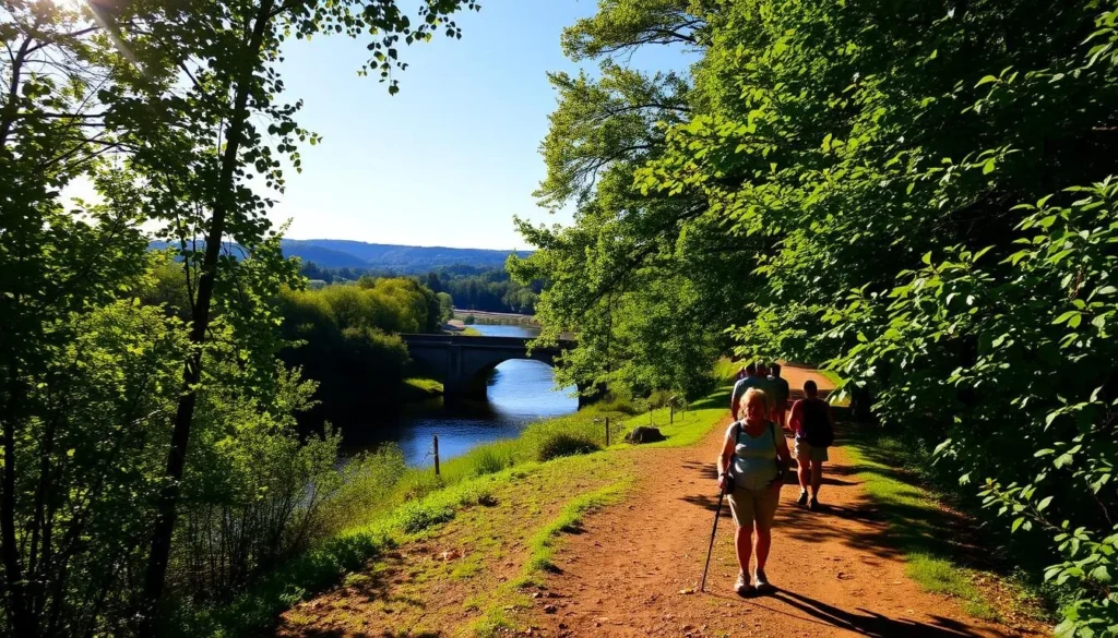 A scenic hiking trail along the historic Chesapeake and Ohio Canal, with lush green foliage lining the towpath. Sunlight filters through the canopy, casting a warm glow on the well-maintained dirt path. In the foreground, a group of hikers enjoy the peaceful surroundings, taking in the tranquil views of the canal and the gently flowing water. The middle ground features a stone bridge arching over the canal, adding to the picturesque landscape. In the distance, rolling hills and a clear blue sky create a serene and inviting atmosphere, perfect for an outdoor adventure.
