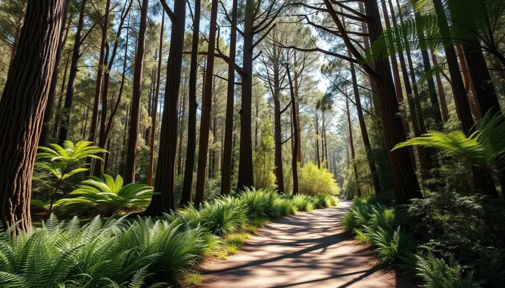 A scenic hiking trail through Norfolk Island National Park with towering Norfolk pines, ferns, and dappled sunlight filtering through the canopy A scenic hiking trail through Norfolk Island National Park with towering Norfolk pines, ferns, and dappled sunlight filtering through the canopy