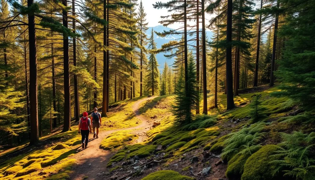 A scenic hiking trail winding through the lush, verdant forests of Sweden. Towering pine and spruce trees line the path, their branches casting dappled shadows on the earthy ground below. The trail winds gently uphill, offering glimpses of distant peaks capped with pristine snow. Warm, golden sunlight filters through the canopy, illuminating the vibrant mosses and ferns that carpet the forest floor. In the foreground, a group of hikers traverse the trail, their backpacks and hiking gear visible as they explore the tranquil wilderness. The overall atmosphere is one of serenity and natural beauty, capturing the essence of outdoor adventure in the stunning Swedish landscape.