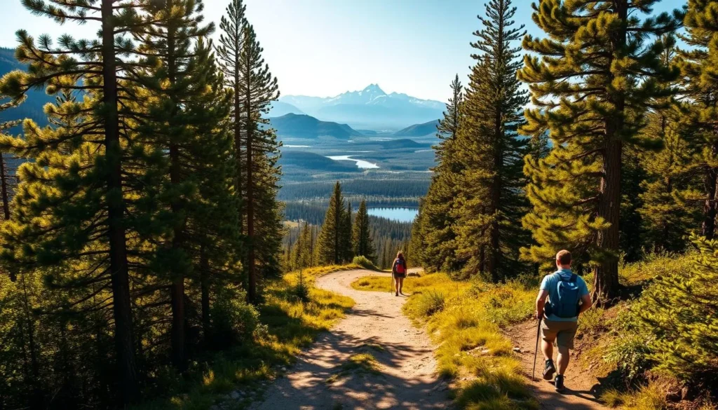 A scenic hiking trail winding through the lush, verdant forests of Yellowstone National Park. Tall pine trees line the path, casting dappled shadows on the well-trodden dirt below. Ahead, a breathtaking vista opens up, revealing rolling hills, crystal-clear lakes, and the snow-capped peaks of the Teton Range in the distance. The warm, golden sunlight filters through the canopy, creating a warm, inviting atmosphere. Hikers, clad in hiking gear, traverse the trail, taking in the stunning natural beauty that surrounds them. The scene exudes a sense of tranquility and adventure, perfectly capturing the essence of the must-do hikes in this iconic American national park.