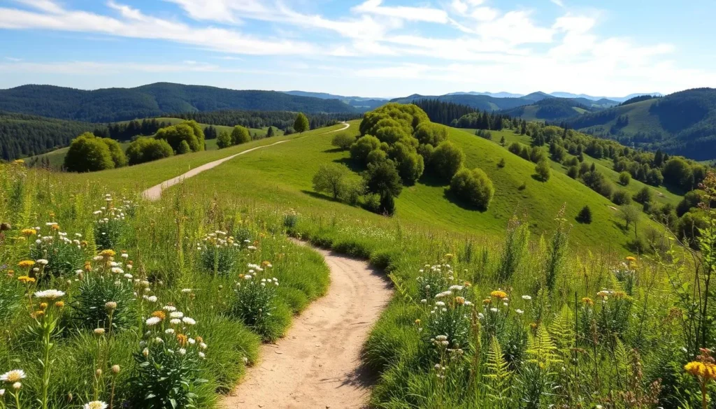 A scenic hiking trail winding through the lush, verdant hills of Luxembourg's countryside. In the foreground, a well-trodden path meanders through a tapestry of wildflowers and ferns, inviting the viewer to embark on an adventure. The middle ground features a gentle slope dotted with clusters of deciduous trees, their leaves rustling in the soft breeze. In the distance, rolling hills rise up, capped by a clear, azure sky accented by wispy, ivory clouds. The scene is bathed in warm, golden sunlight, creating a serene and inviting atmosphere, perfect for a day of outdoor exploration in Luxembourg's stunning natural landscapes.