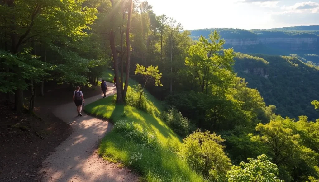 A scenic hiking trail winding through the lush, verdant landscape of Mammoth Cave National Park in Kentucky. Sunlight filters through the dense canopy of towering trees, casting a warm, golden glow over the packed earth and gently undulating terrain. Hikers traverse the well-maintained path, taking in the natural beauty that surrounds them - from the vibrant foliage to the distant limestone cliffs. The atmosphere is serene and tranquil, inviting visitors to immerse themselves in the park's above-ground wonders. Capture this idyllic scene with a wide-angle lens, showcasing the trail's peaceful charm and the park's breathtaking surface features.
