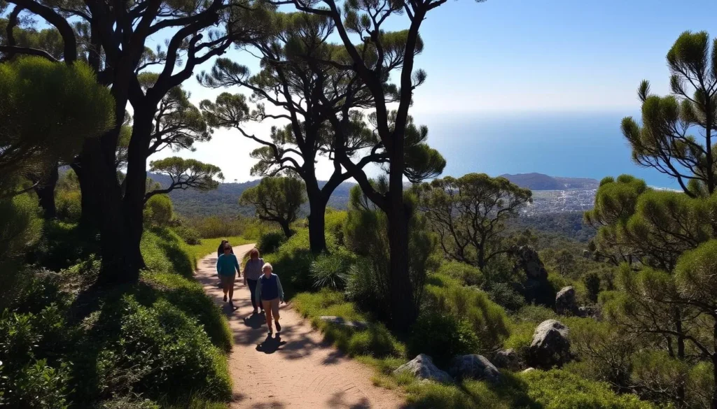 A scenic hiking trail winds through Flagstaff Hill, with lush greenery and rocky outcroppings lining the path. Sunlight filters through the canopy of towering eucalyptus trees, casting a warm, golden glow over the landscape. In the distance, glimpses of the sparkling ocean can be seen through the foliage. The trail meanders along, offering panoramic views of the surrounding natural beauty. Hikers stroll leisurely, taking in the fresh ocean air and the peaceful ambiance of this picturesque setting. The overall atmosphere is one of tranquility and appreciation for the stunning natural environment.