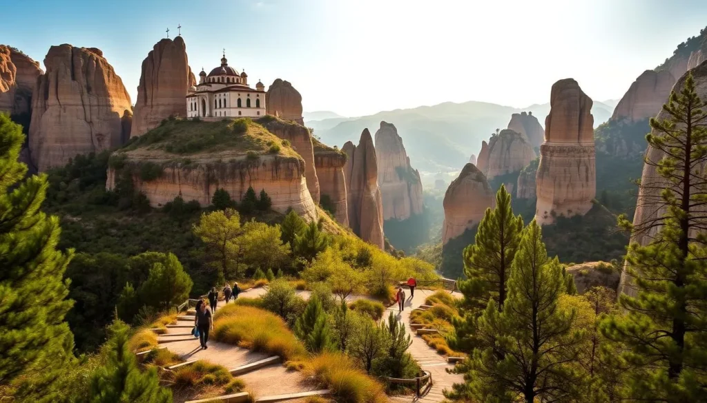 A scenic hiking trail winds through the captivating rock formations of Meteora, Greece. Towering sandstone pillars and lush, verdant forests create a breathtaking natural landscape. Warm, golden sunlight filters through the canopy, casting a serene glow across the rugged terrain. Hikers navigate the well-marked path, taking in the majestic Orthodox monasteries perched atop the towering cliffs. The scene exudes a sense of peace and tranquility, inviting viewers to immerse themselves in the serene beauty of this unique, geological wonder.