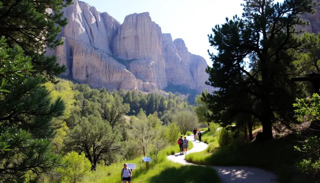 A scenic hiking trail winds through the lush, verdant landscape of Montezuma Castle National Monument. Towering limestone cliffs rise majestically in the background, casting dramatic shadows across the path. Sunlight filters through the canopy of towering trees, dappling the ground with warm, golden hues. Hikers explore the well-marked trail, taking in the stunning vistas of the ancient cliff dwellings that cling to the canyon walls. The atmosphere is serene and peaceful, inviting visitors to immerse themselves in the natural wonder of this iconic Arizona landmark.