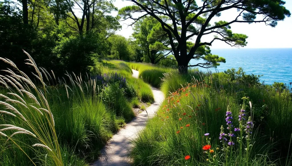 A scenic hiking trail winds through the lush, verdant landscapes of Plum Island. Tall, swaying grasses and vibrant wildflowers line the path, creating a serene and picturesque atmosphere. Sunlight filters gently through the canopy of overarching trees, casting a warm, natural glow over the scene. In the distance, the trail leads towards the sparkling waters of the Atlantic Ocean, hinting at the breathtaking vistas that await the adventurous explorer. The overall impression is one of tranquility and natural beauty, perfectly capturing the essence of Plum Island's renowned scenic trails.