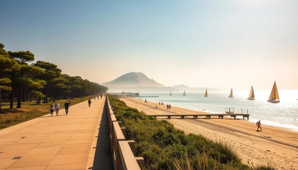 A scenic landscape capturing the seasonal charm of Arcachon, France. A sun-dappled boardwalk stretches along the coast, flanked by lush pine forests on one side and the sparkling Bassin d'Arcachon on the other. In the distance, the iconic Dune du Pilat rises majestically, its golden sands glowing under the warm, hazy light. Beachgoers stroll leisurely, enjoying the mild, pleasant weather. Sailboats dot the calm waters, their white sails billowing gently. The overall atmosphere radiates a sense of tranquility and joie de vivre, inviting visitors to savor the seasonal charms of this picturesque French coastal town. A scenic landscape capturing the seasonal charm of Arcachon, France. A sun-dappled boardwalk stretches along the coast, flanked by lush pine forests on one side and the sparkling Bassin d'Arcachon on the other. In the distance, the iconic Dune du Pilat rises majestically, its golden sands glowing under the warm, hazy light. Beachgoers stroll leisurely, enjoying the mild, pleasant weather. Sailboats dot the calm waters, their white sails billowing gently. The overall atmosphere radiates a sense of tranquility and joie de vivre, inviting visitors to savor the seasonal charms of this picturesque French coastal town.
