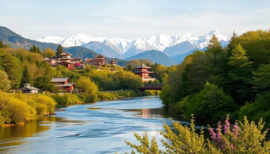 A scenic landscape in Niigata Prefecture, Japan on a pleasant spring day. In the foreground, a tranquil river reflects the surrounding lush greenery. In the middle ground, traditional Japanese buildings and temples dot the hilly terrain. The background showcases the majestic, snow-capped peaks of the Northern Japanese Alps, bathed in soft, golden sunlight. The scene conveys a sense of serene harmony, with a mild temperature and a gentle breeze rustling the trees. Captured with a wide-angle lens to emphasize the breadth of the natural wonder.