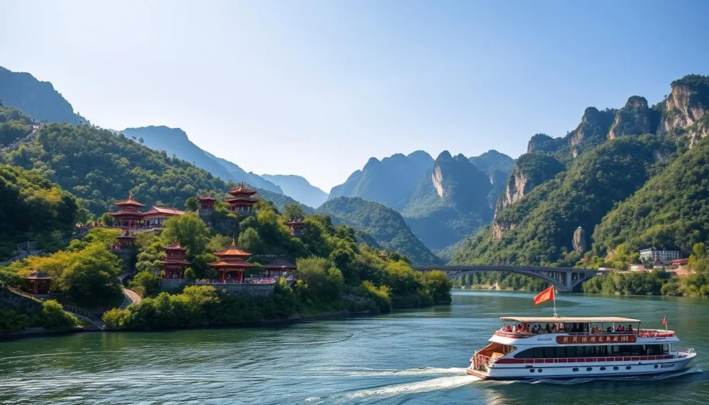 A scenic landscape of Chongqing's lush green mountains and winding rivers under a bright, sunny sky. In the foreground, a tranquil boat cruise glides along the Yangtze River, offering a relaxing view of the city's iconic architecture and bridges. In the middle ground, visitors explore hiking trails through dense forests, with pagodas and pavilions dotting the hillsides. The background features the dramatic cliffs and peaks of the Wuling Mountain range, casting long shadows across the scene. Capture the serene, adventurous atmosphere of a perfect day trip outside the bustling Chongqing city center.