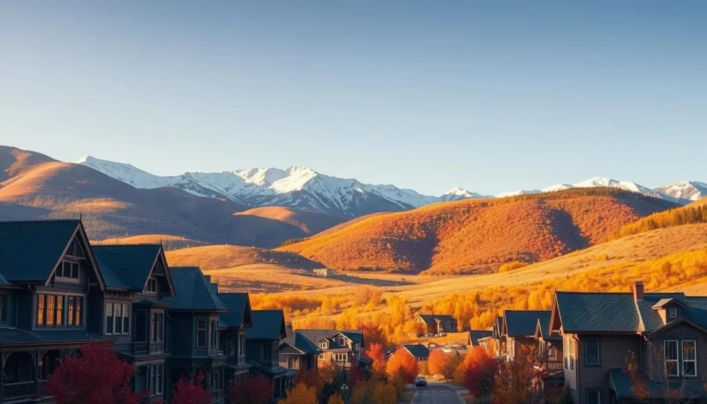 A scenic landscape of Crested Butte, Colorado in the fall. The foreground showcases a quaint mountain town with charming Victorian-style buildings, their facades adorned with vibrant red, orange, and yellow foliage. In the middle ground, rolling hills covered in a patchwork of autumnal hues stretch out, leading the eye towards the majestic snow-capped peaks of the Rocky Mountains in the background. Warm, golden sunlight filters through the crisp, clear sky, casting a soft, magical glow over the entire scene. The overall atmosphere is one of peaceful tranquility and the natural beauty of this picturesque mountain town.