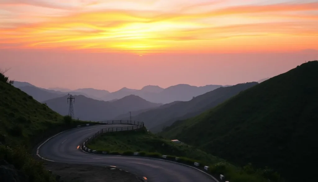 A scenic landscape of Nagarkot, Nepal during the golden hour. In the foreground, a winding mountain road leading up to a vantage point, surrounded by lush, verdant hills. In the middle ground, the silhouette of the Himalayas against a vibrant orange and pink sky, casting a warm glow over the scene. The focus is sharp, capturing the intricate details of the rolling hills and the distant peaks. The mood is serene and tranquil, inviting the viewer to appreciate the natural beauty of this picturesque location. Crisp, high-resolution, photorealistic.