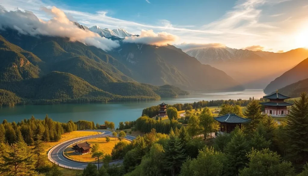 A scenic landscape of Northeast China's majestic mountains, lush forests, and serene lakes. In the foreground, a winding road leads through a verdant valley, flanked by towering peaks shrouded in wispy clouds. Midground features a tranquil lake reflecting the surrounding natural beauty, with traditional Chinese pavilions dotting the shoreline. The background showcases the rugged, snow-capped mountains that define the region's dramatic geography. Warm, golden sunlight bathes the scene, creating a serene and inviting atmosphere. Captured with a wide-angle lens to emphasize the grand scale and sweeping vistas of this Northeast China tour destination.
