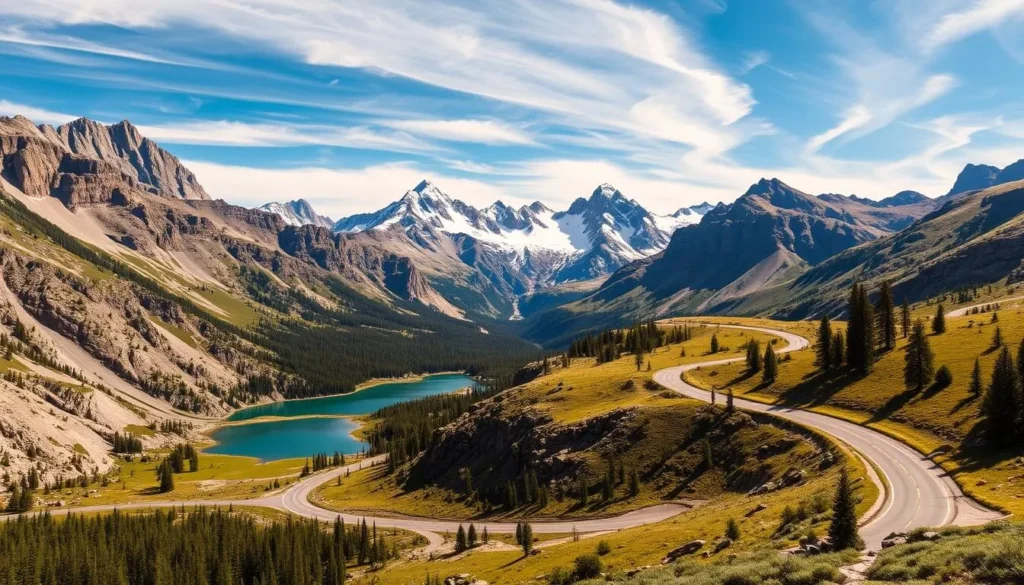 A scenic landscape of Tioga Road in Yosemite National Park, California. Capture the winding, two-lane highway flanked by towering granite peaks and lush alpine meadows. Depict the road cutting through the rugged, glaciated terrain under a bright, clear sky with wispy clouds. Showcase the dramatic, snow-capped mountains in the background, their jagged silhouettes reflecting in the still, turquoise-colored lakes along the road. Convey the serene, awe-inspiring atmosphere of this iconic High Sierra route, which offers breathtaking vistas at every turn.