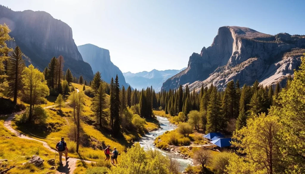 A scenic landscape of Yosemite Valley on a bright, sunny day. In the foreground, hikers explore lush, verdant trails winding through towering granite cliffs. In the middle ground, a crystal-clear river flows gently, flanked by vibrant, sun-dappled foliage. In the background, the iconic granite monoliths of El Capitan and Half Dome stand tall, casting dramatic shadows across the valley. The scene is bathed in warm, golden light, creating a serene and awe-inspiring atmosphere. Capture the majesty and natural beauty of one of America's most beloved national parks.