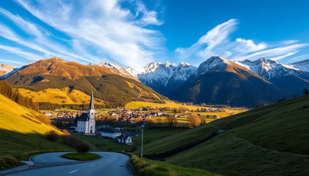 A scenic landscape of the principality of Liechtenstein, showcasing its stunning mountainous terrain and medieval architecture. In the foreground, a winding road leads towards a quaint village nestled between rolling hills, its charming houses and church spires peeking out from lush greenery. In the middle ground, majestic snow-capped peaks rise majestically, casting long shadows across the scene. The sky is a brilliant blue, with wispy clouds drifting lazily overhead, creating a serene and tranquil atmosphere. The lighting is warm and natural, highlighting the rustic beauty of the setting. Capture the essence of this small, yet captivating European nation, inviting the viewer to explore its picturesque landscapes and rich cultural heritage.