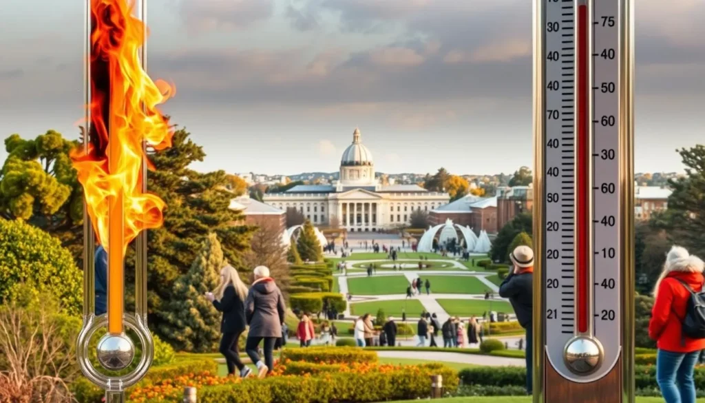 A scenic landscape showcasing the dramatic temperature fluctuations of Canberra, Australia. In the foreground, a thermometer display dramatically fluctuates between sweltering heat and chilling cold, capturing the region's unpredictable weather patterns. The middle ground features lush, verdant parks and gardens, with people bundled in warm winter attire contrasted by others comfortably dressed for summer. In the background, the iconic Parliament House and surrounding architecture are bathed in a soft, golden light, creating a picturesque setting that embodies Canberra's weather-wise charm.