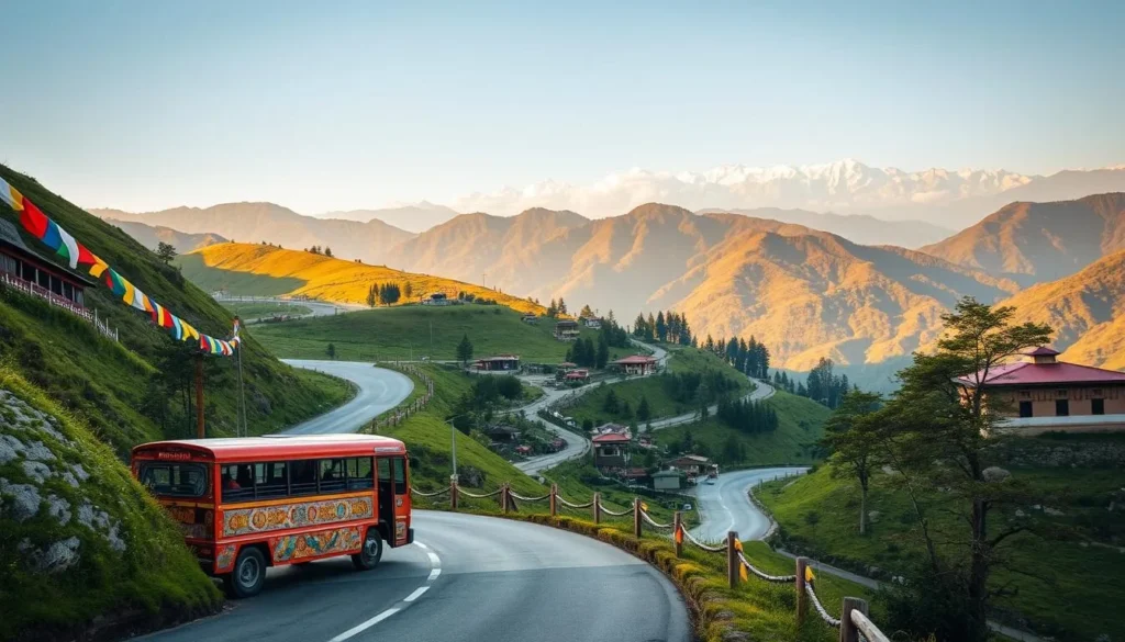 A scenic mountain road in Bhutan, winding through lush, verdant hills. In the foreground, a traditional Bhutanese-style bus navigates the switchbacks, its colorful exterior and intricate designs catching the warm, golden sunlight. Along the road, traditional prayer flags flutter in the gentle breeze, adding to the serene, spiritual atmosphere. In the middle ground, traditional Bhutanese farmhouses and buildings dot the landscape, their distinctive architecture blending seamlessly with the natural surroundings. In the distant background, the majestic Himalayas rise, their snow-capped peaks casting a ethereal glow. The scene is captured with a wide-angle lens, emphasizing the grandeur and scale of the environment.