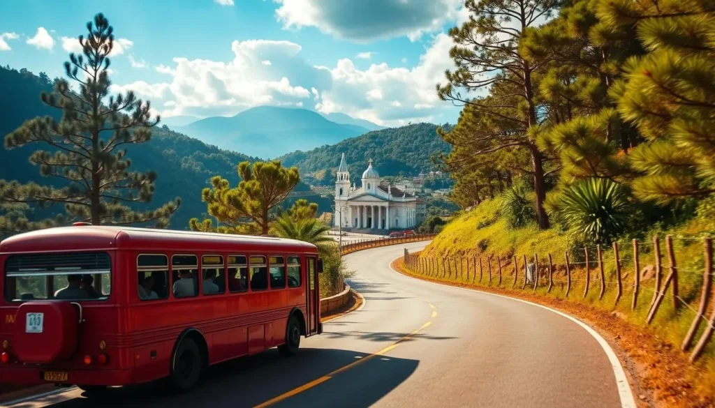 A scenic mountain road winding through verdant hills, with a vintage red bus carrying passengers up to the charming city of Baguio. Sunlight filters through the pine trees, casting a warm glow on the picturesque landscape. In the distance, the iconic Baguio Cathedral towers over the city, beckoning travelers to explore its historic streets. The scene exudes a sense of adventure and tranquility, perfectly capturing the essence of the journey to this popular Filipino destination.