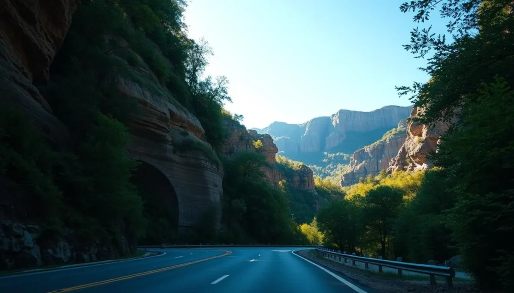 A scenic mountain road winds through the dramatic limestone formations of Red River Gorge, the iconic Nada Tunnel emerging from the cliffside. Dappled sunlight filters through the lush, verdant forest canopy, casting a warm, natural glow across the scene. In the distance, rugged sandstone cliffs rise majestically, their shadows stretching across the winding tarmac. Captured with a wide-angle lens to emphasize the grand scale of the landscape, this tranquil, picturesque drive showcases the breathtaking beauty of Kentucky's Red River Gorge.